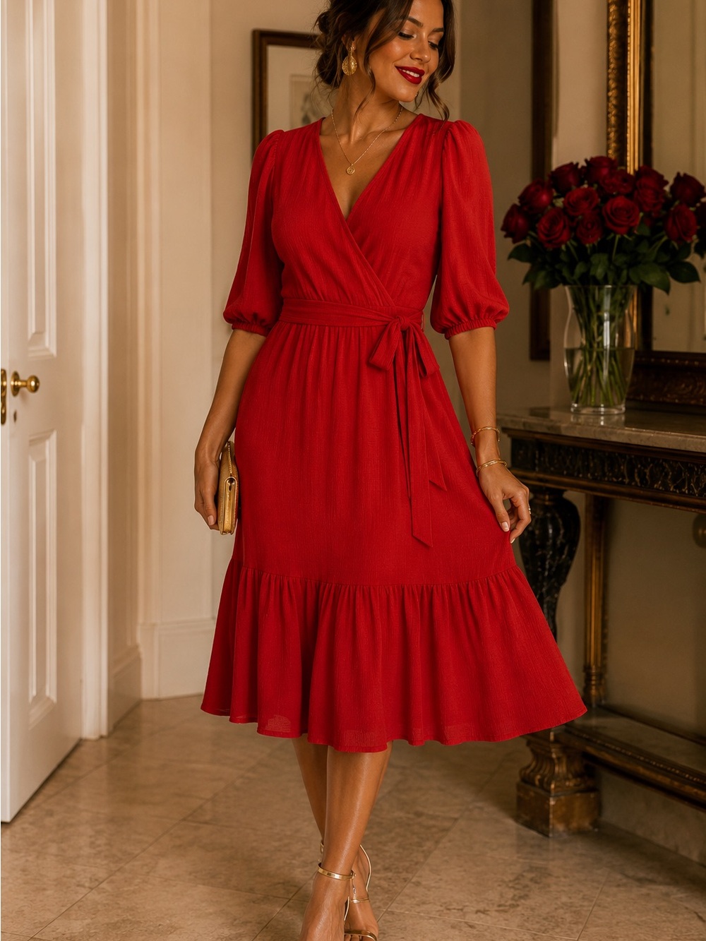 Max Studio Red Wrap Midi Dress with Tie Waist - Picture 4 of 4